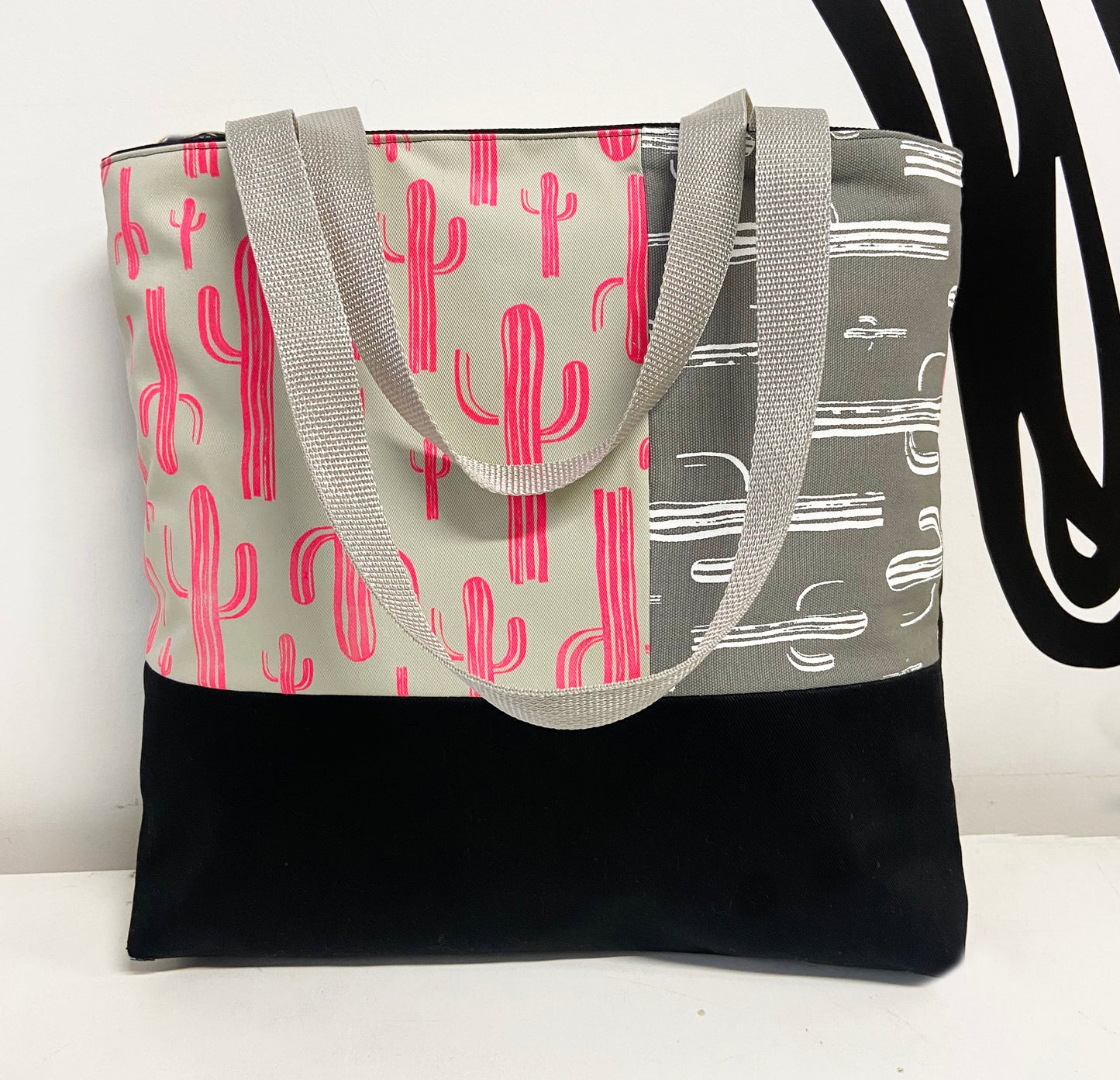 One of a Kind Tote Bag | Hand Made and Printed | Pink and Grey Cactus - 05