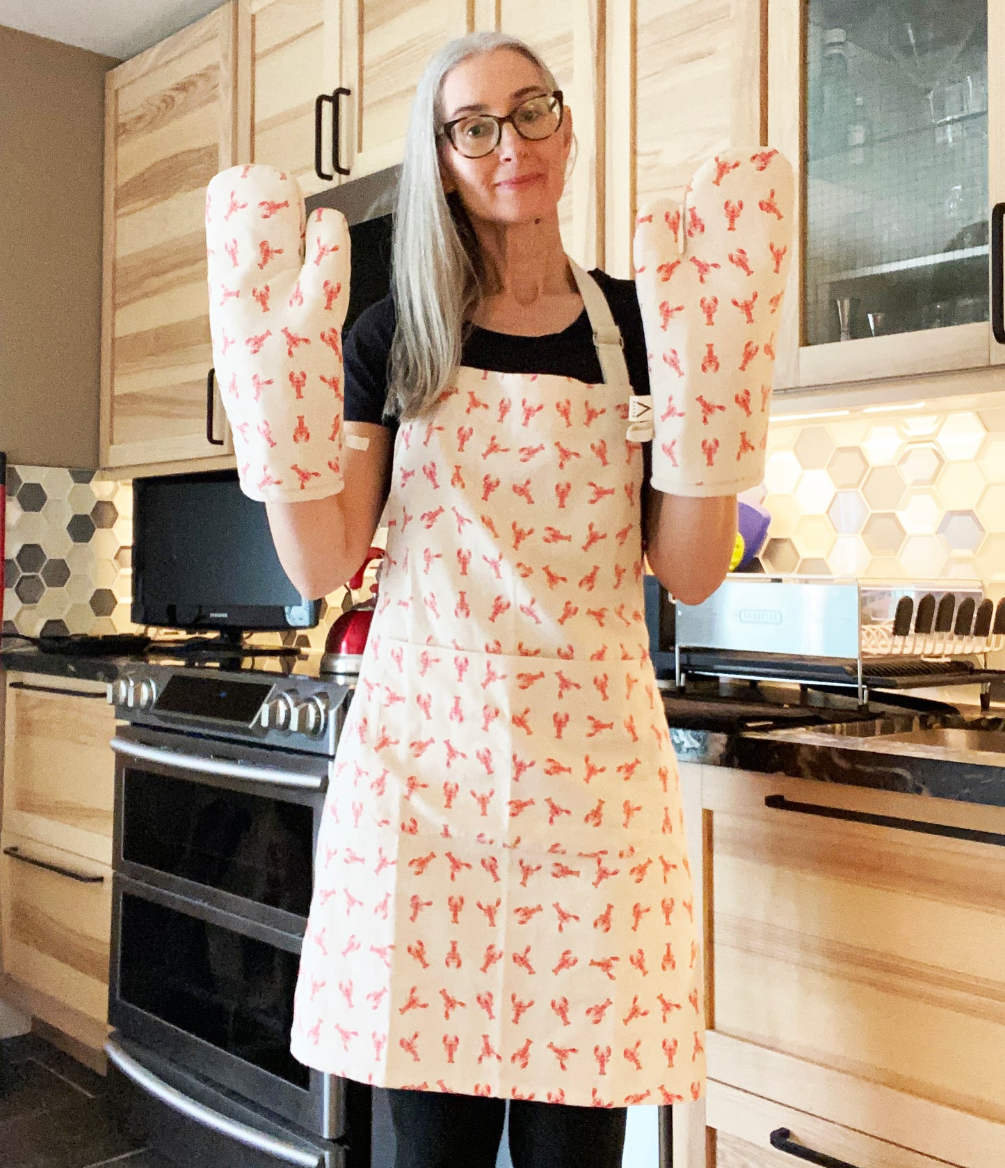 Unisex Apron and Oven Mitt Set - Lobster Pattern - Natural Cotton Canvas