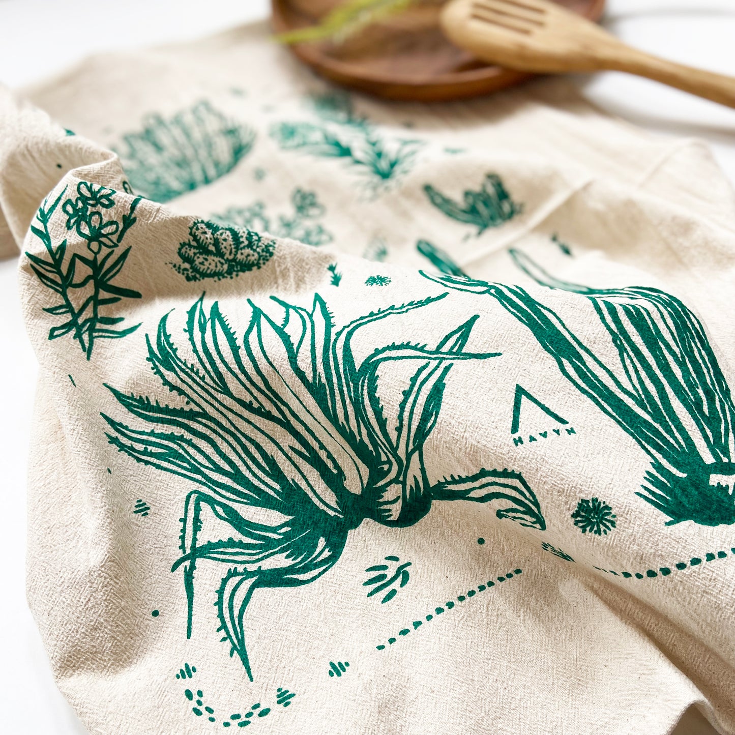 Cactus Variations Hand Printed Organic Tea Towel - Black or Green