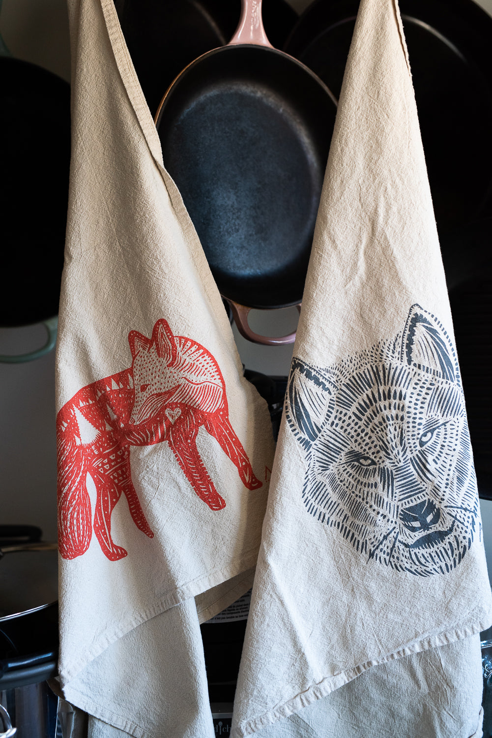 Fox Hand Printed Organic Tea Towel - Orange