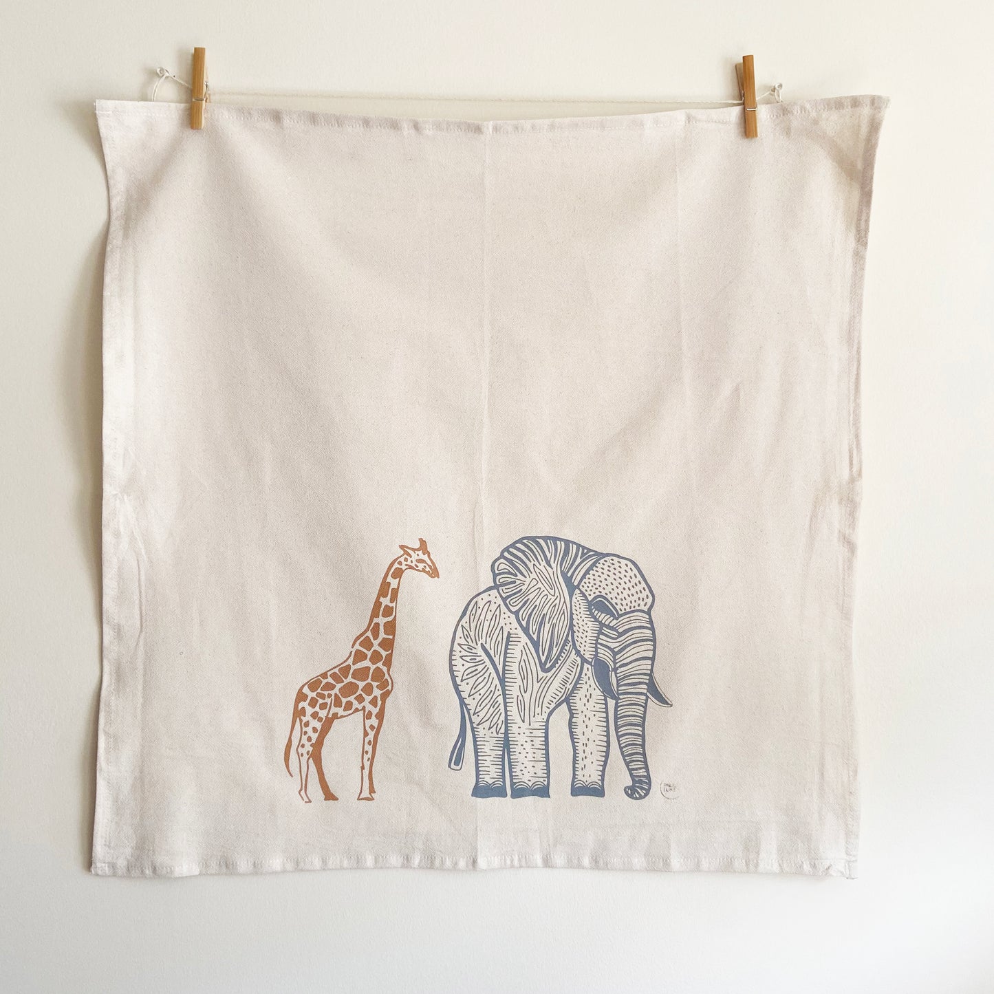 Giraffe and Elephant  Hand Printed Organic Tea Towel - Limited Quantity