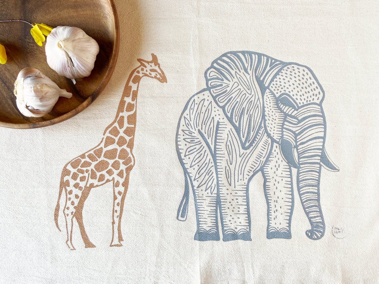Giraffe and Elephant  Hand Printed Organic Tea Towel - Limited Quantity