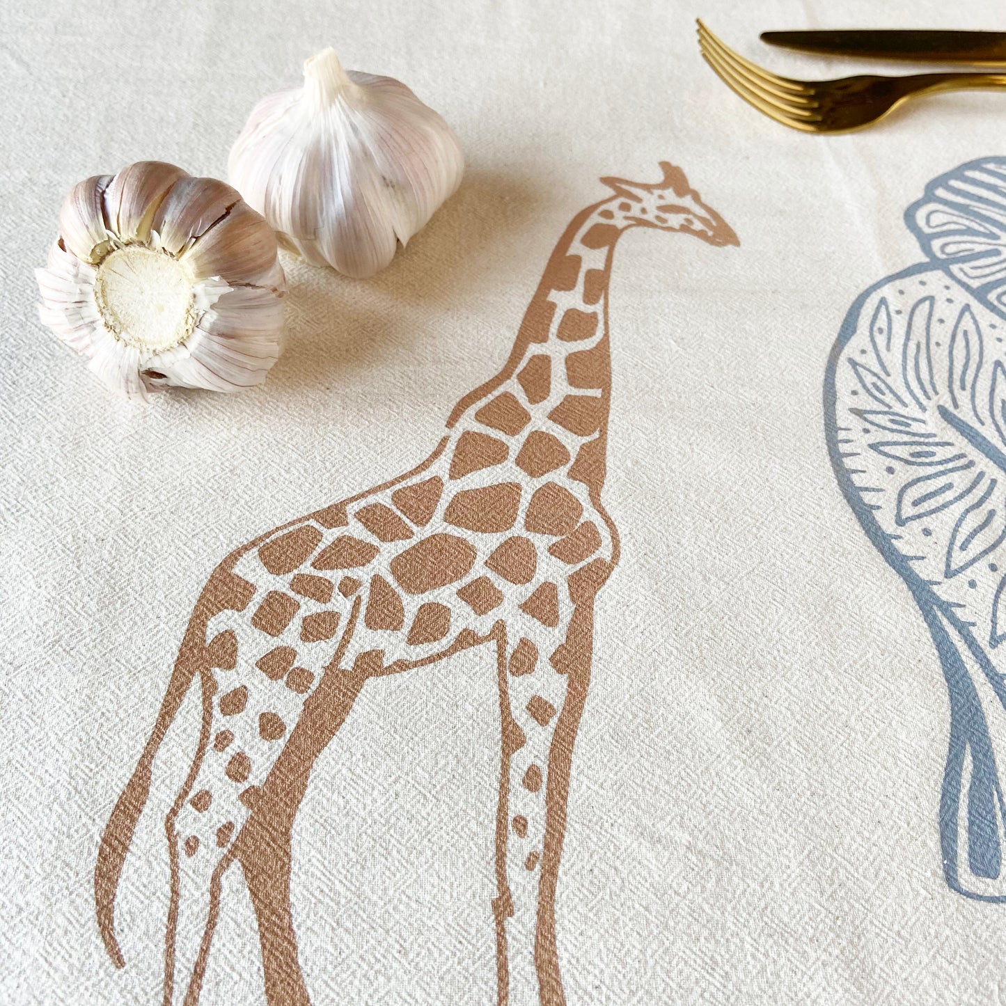 Giraffe and Elephant  Hand Printed Organic Tea Towel - Limited Quantity