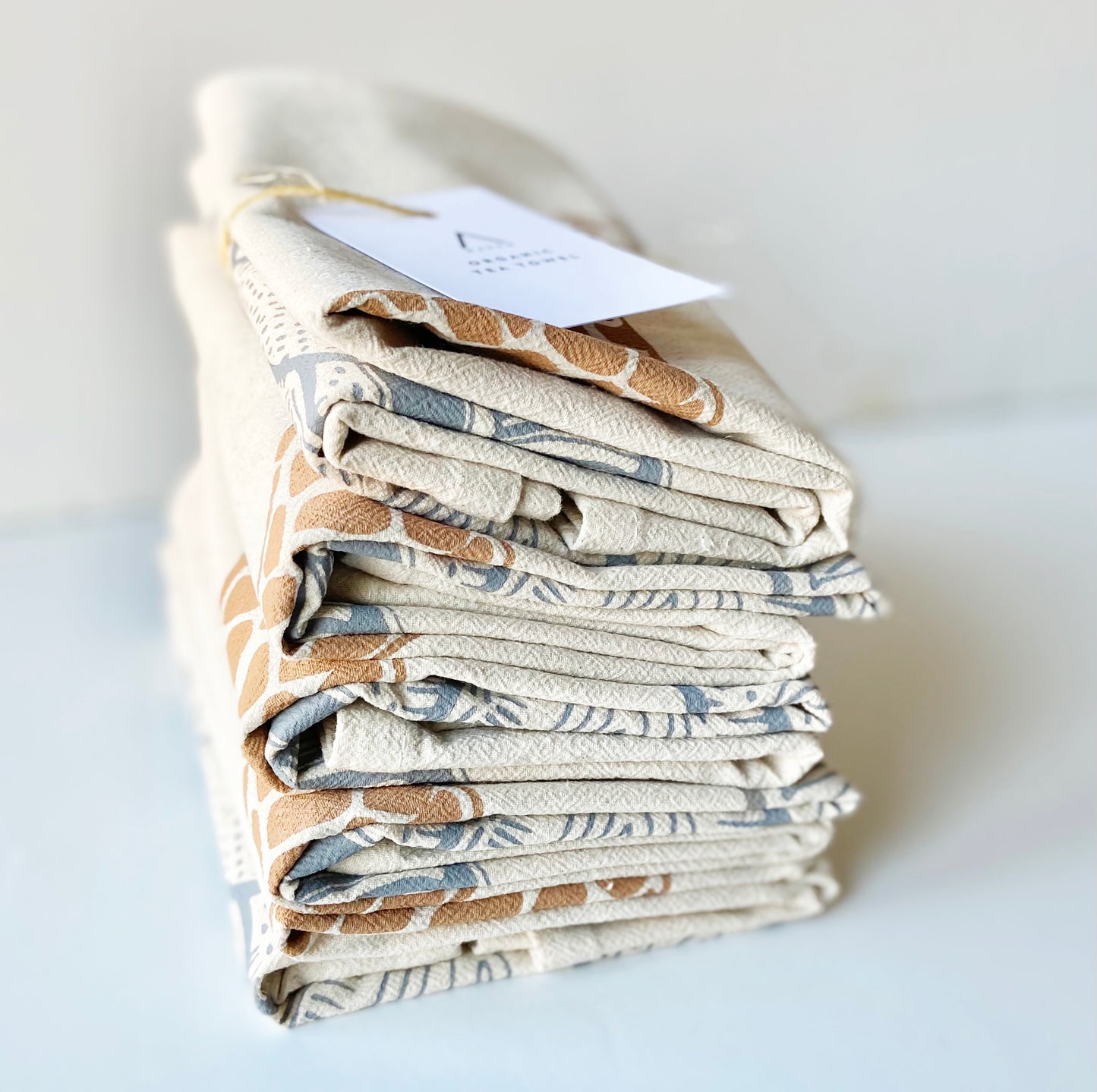 Giraffe and Elephant  Hand Printed Organic Tea Towel - Limited Quantity