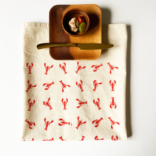 Dancing Lobsters Hand Printed Organic Tea Towel - Red