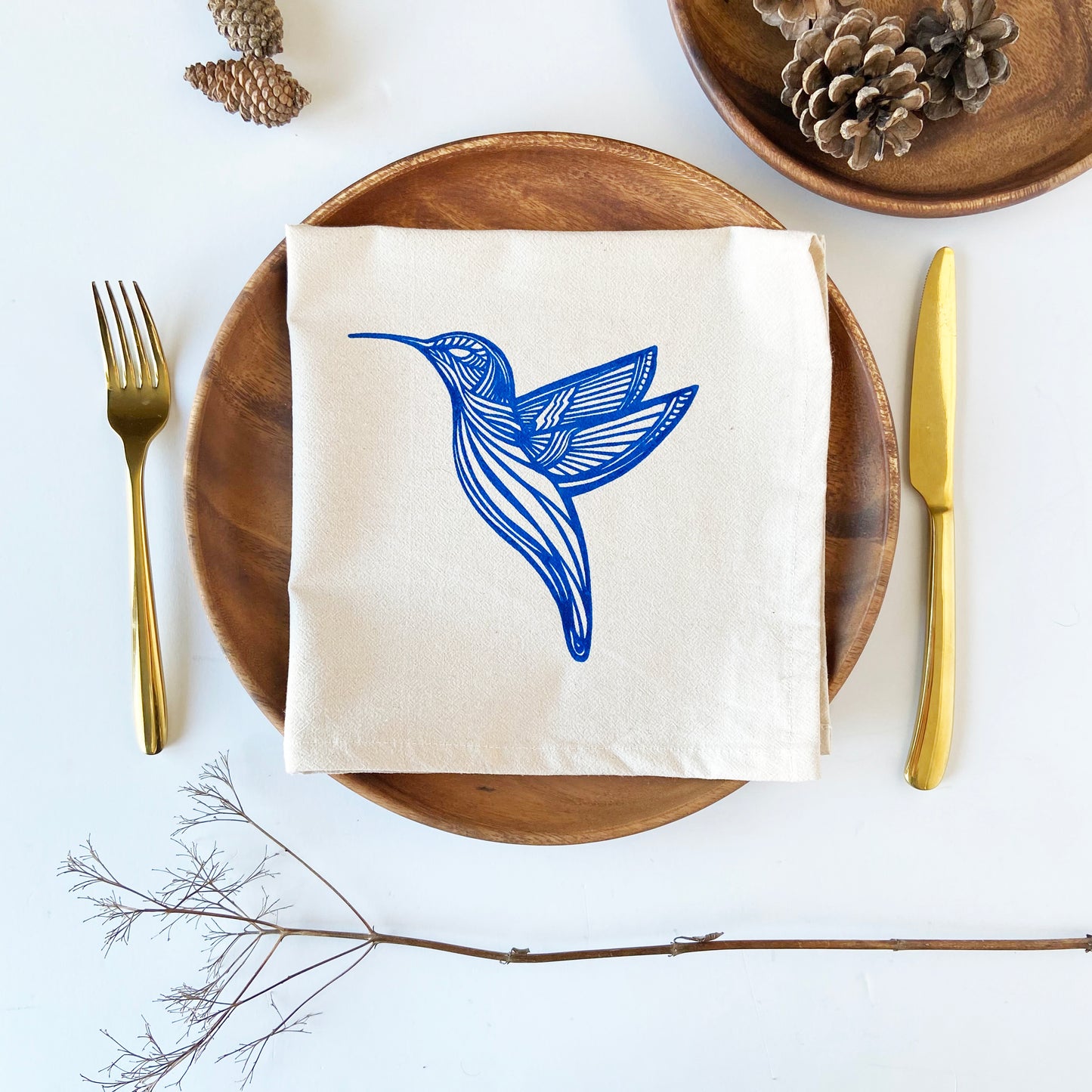 Blue Hummingbird Organic Hand Printed Napkins Set of 4 or 8