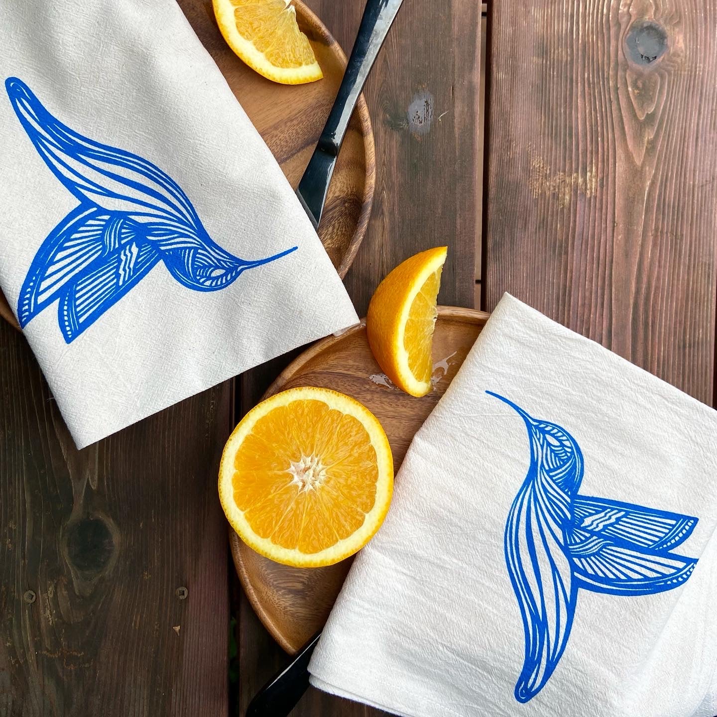 Blue Hummingbird Organic Hand Printed Napkins Set of 4 or 8