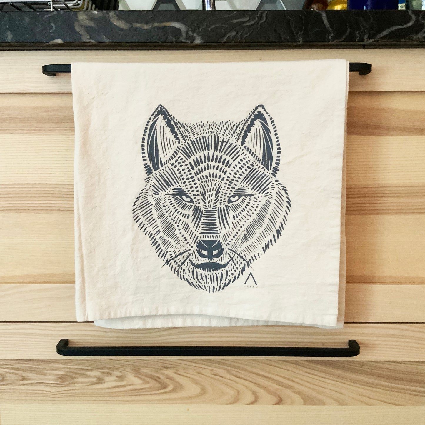 Wolf Hand Printed Organic Tea Towel - Grey