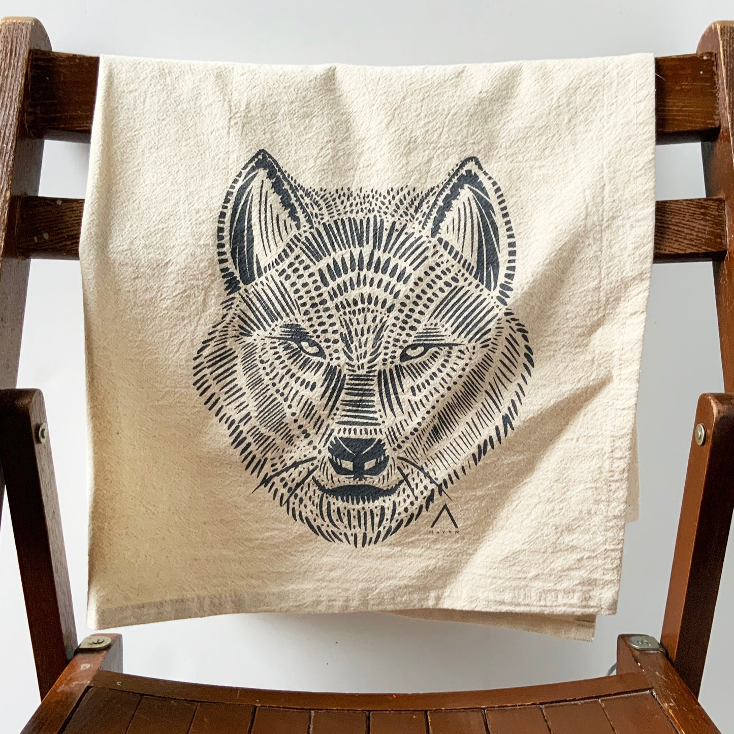 Wolf Hand Printed Organic Tea Towel - Grey