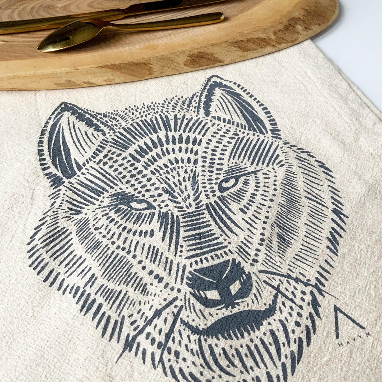 Wolf Hand Printed Organic Tea Towel - Grey