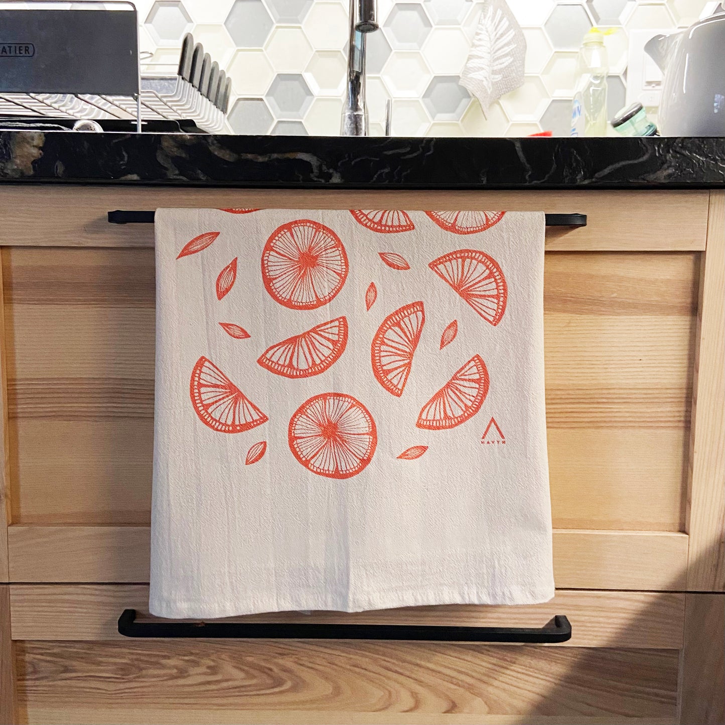 Earthy Orange Citrus Hand Printed Organic Tea Towel