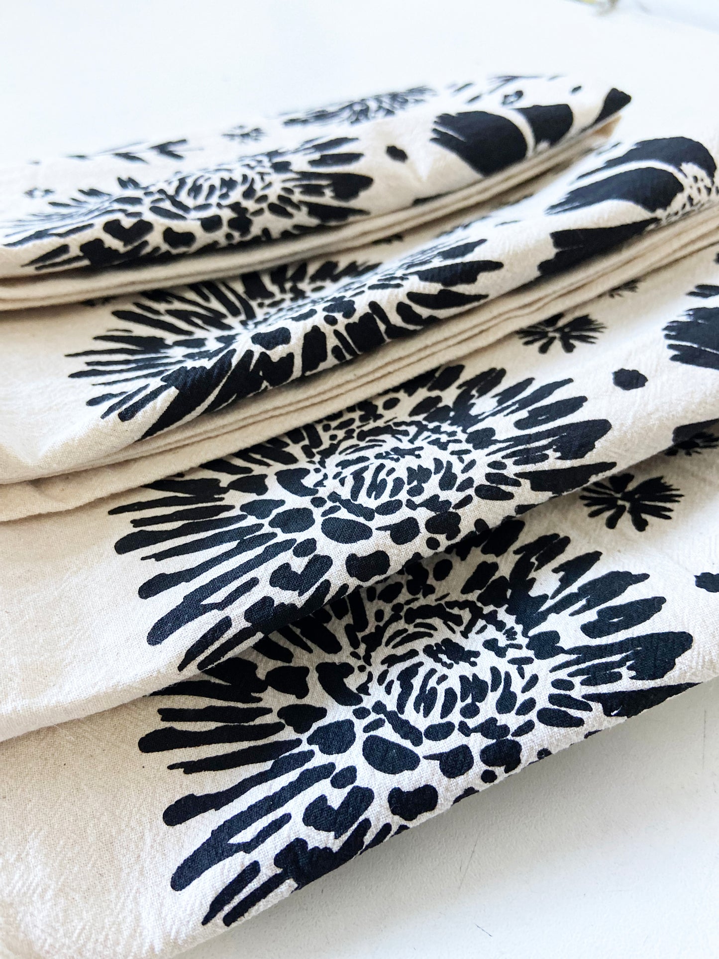 Organic Black Flower Pattern Hand Printed Napkins Set of 2