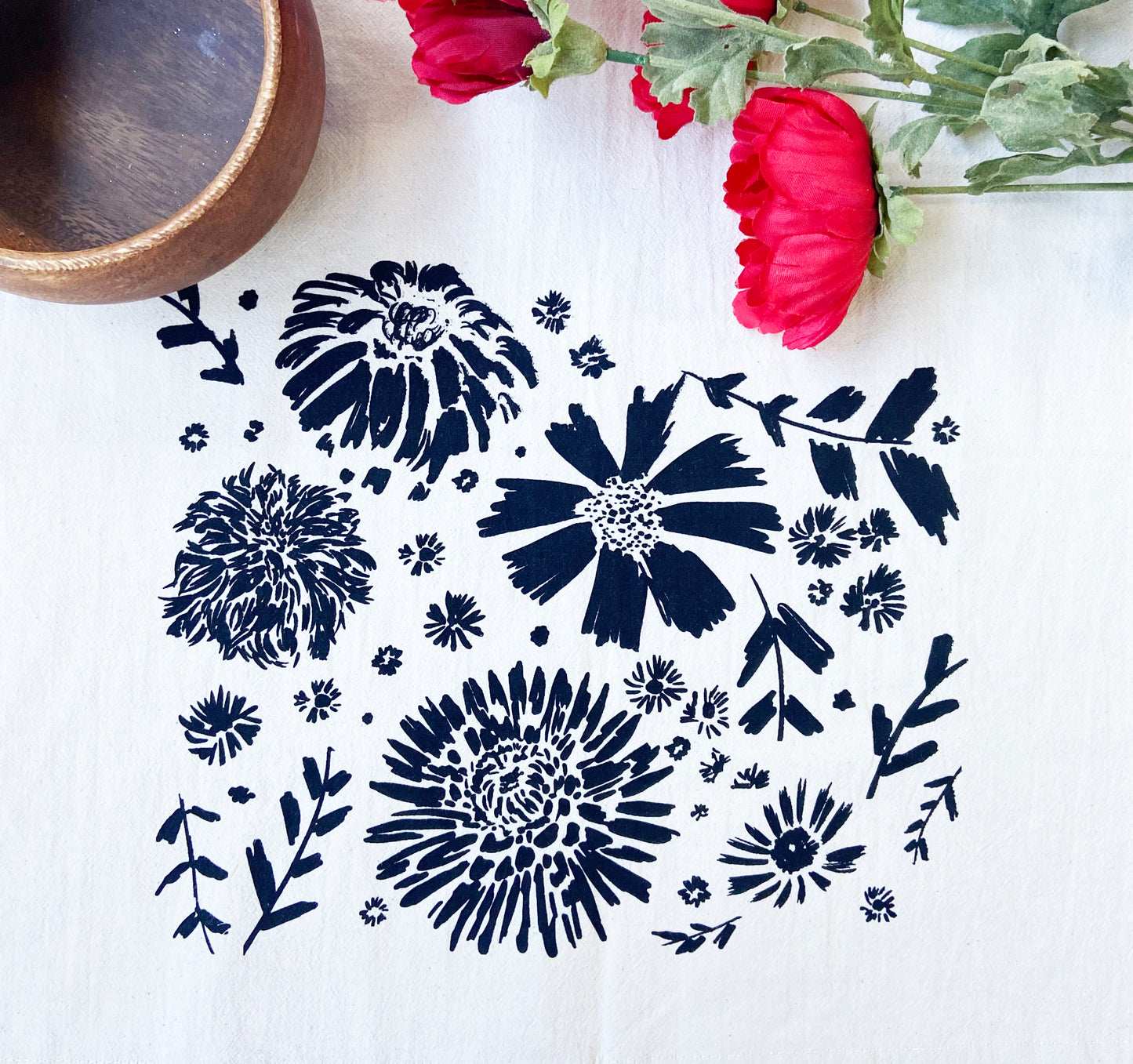 Organic Black Flower Pattern Hand Printed Napkins Set of 2