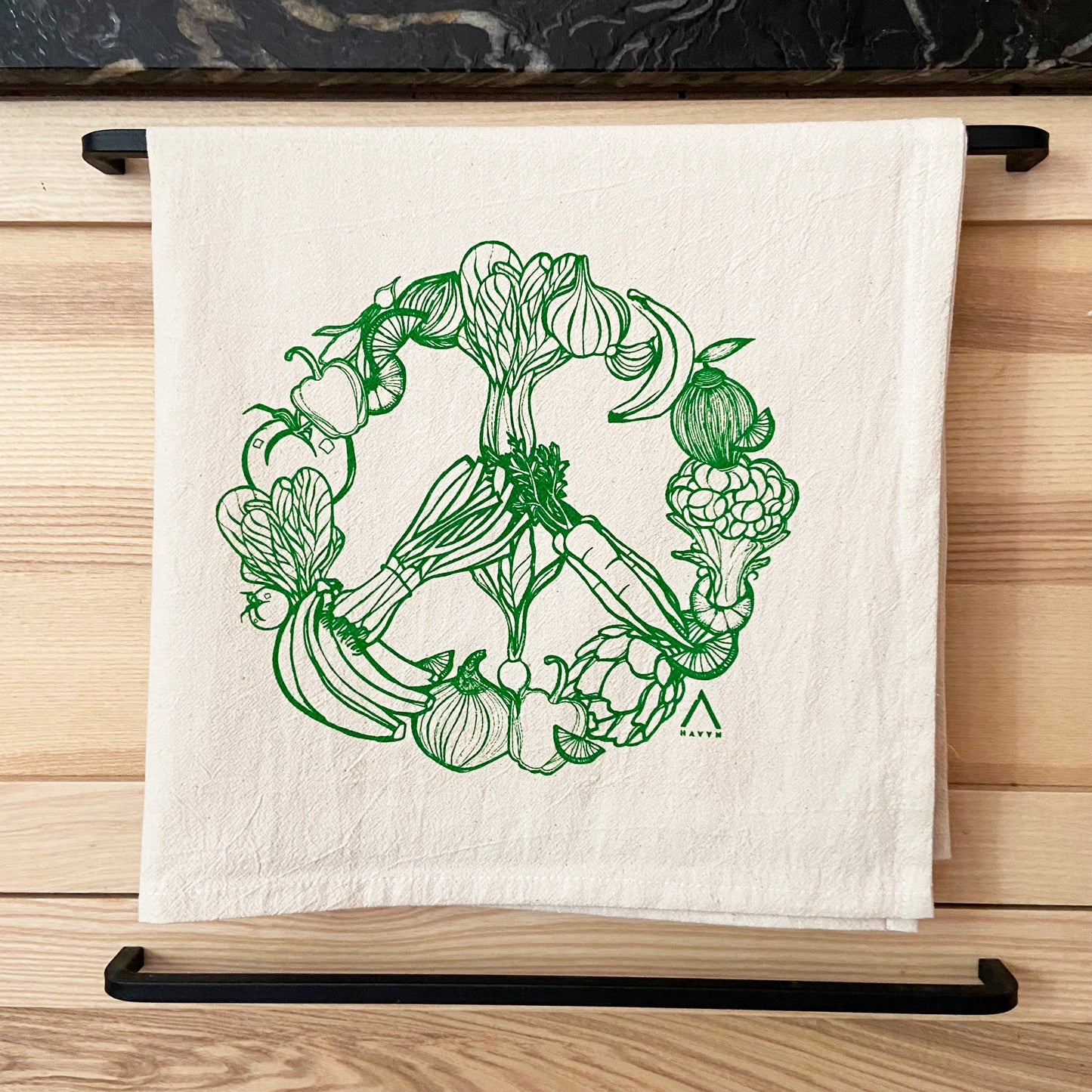 Peace Veggies Hand Printed Organic Cotton Tea Towel