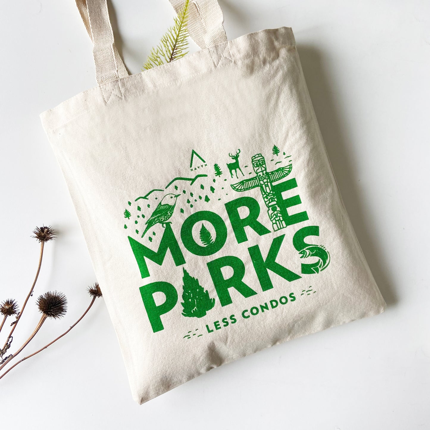 MORE PARKS Green Hand Printed Every Day Cotton Tote