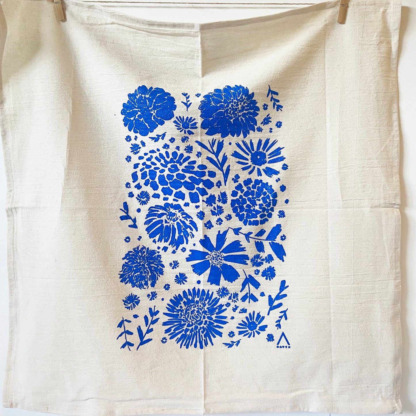 Blue Flowers Hand printed Organic Tea Towel