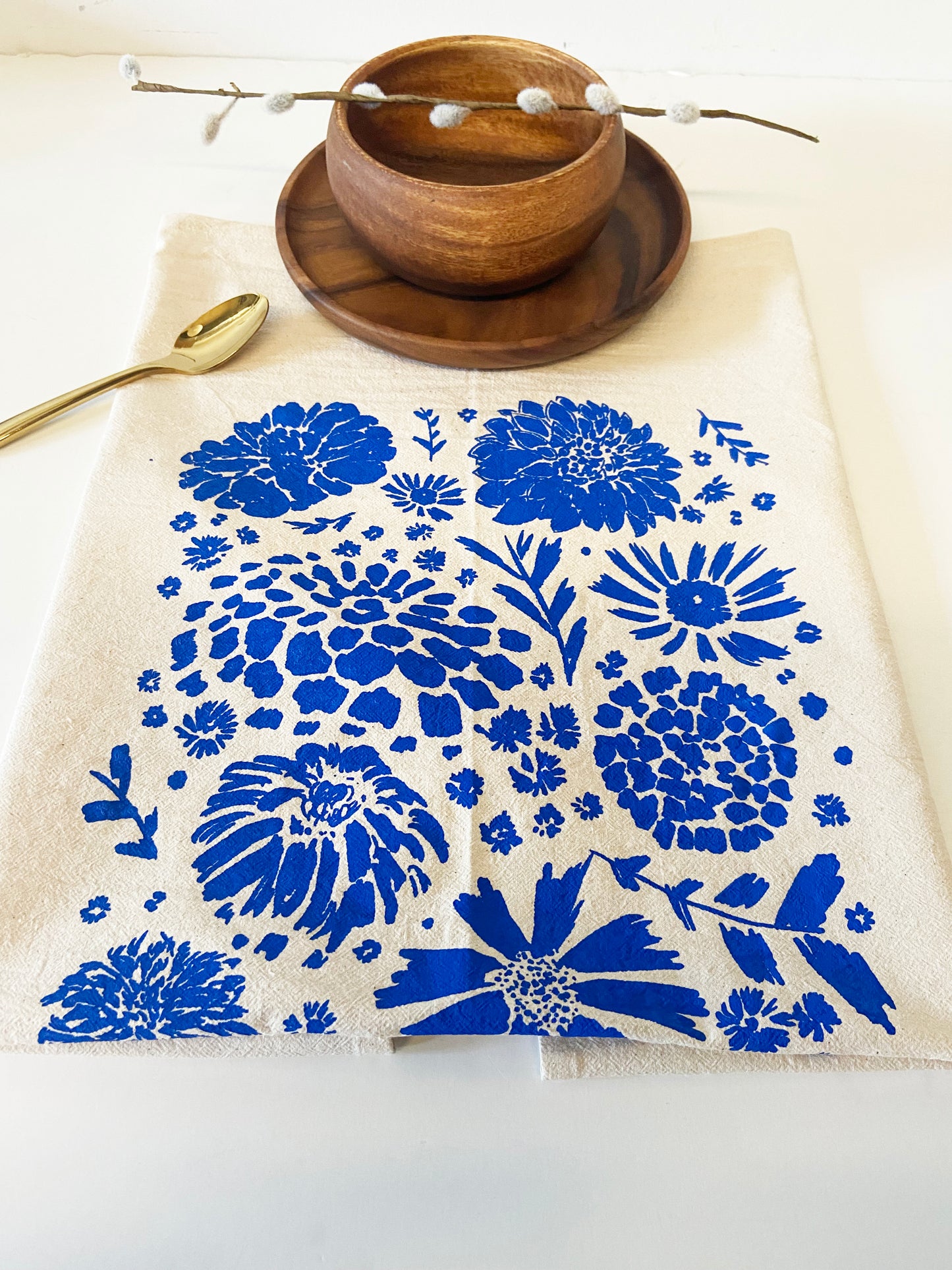 Blue Flowers Hand printed Organic Tea Towel