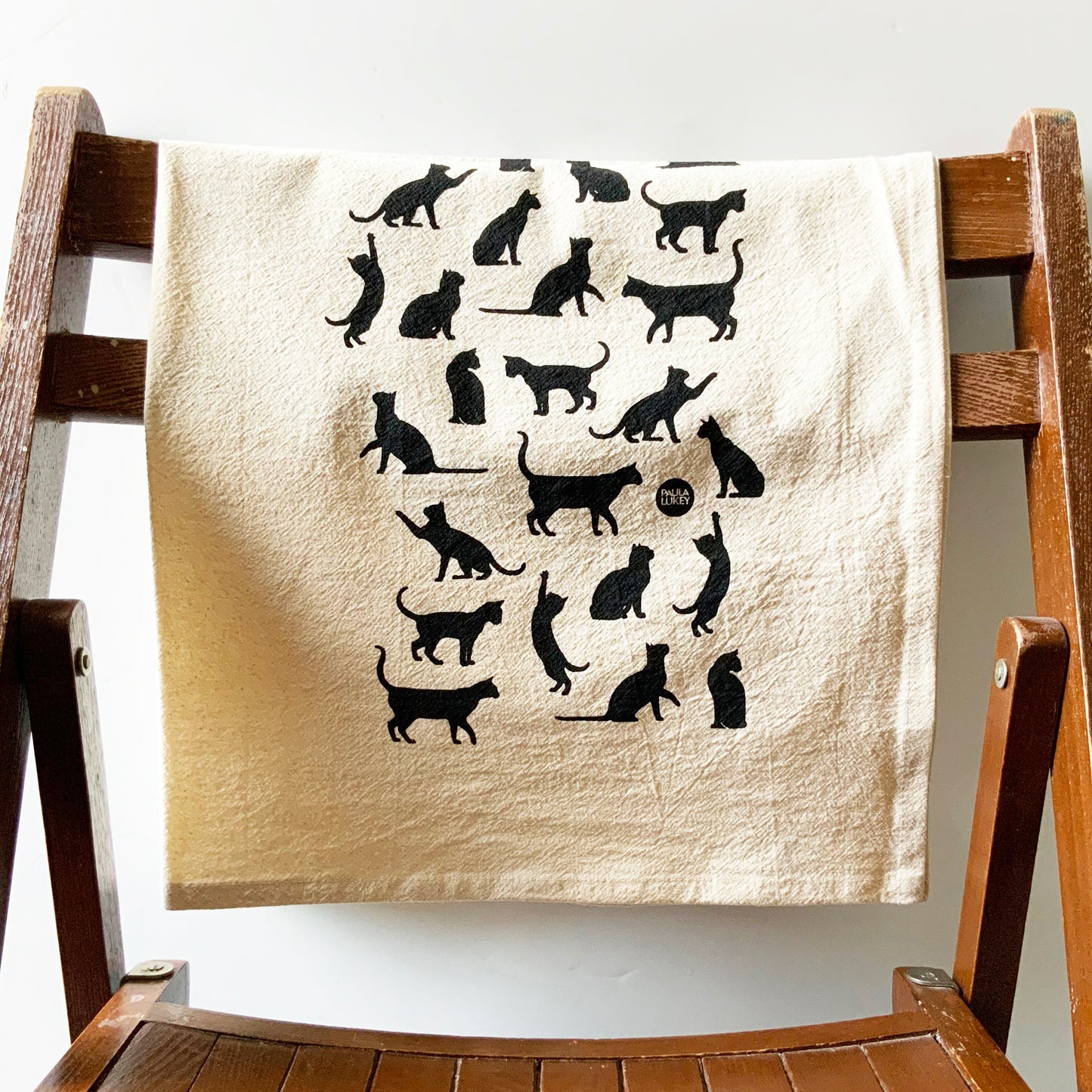 Cats Hand Printed Organic Tea Towel - Black