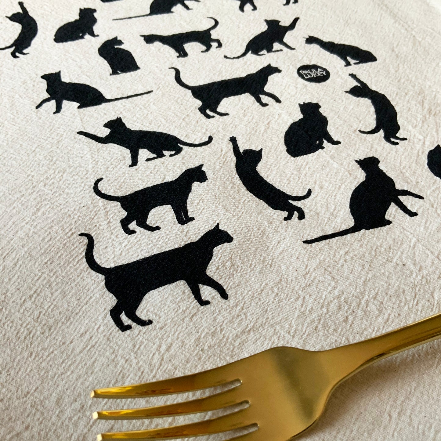 Cats Hand Printed Organic Tea Towel - Black