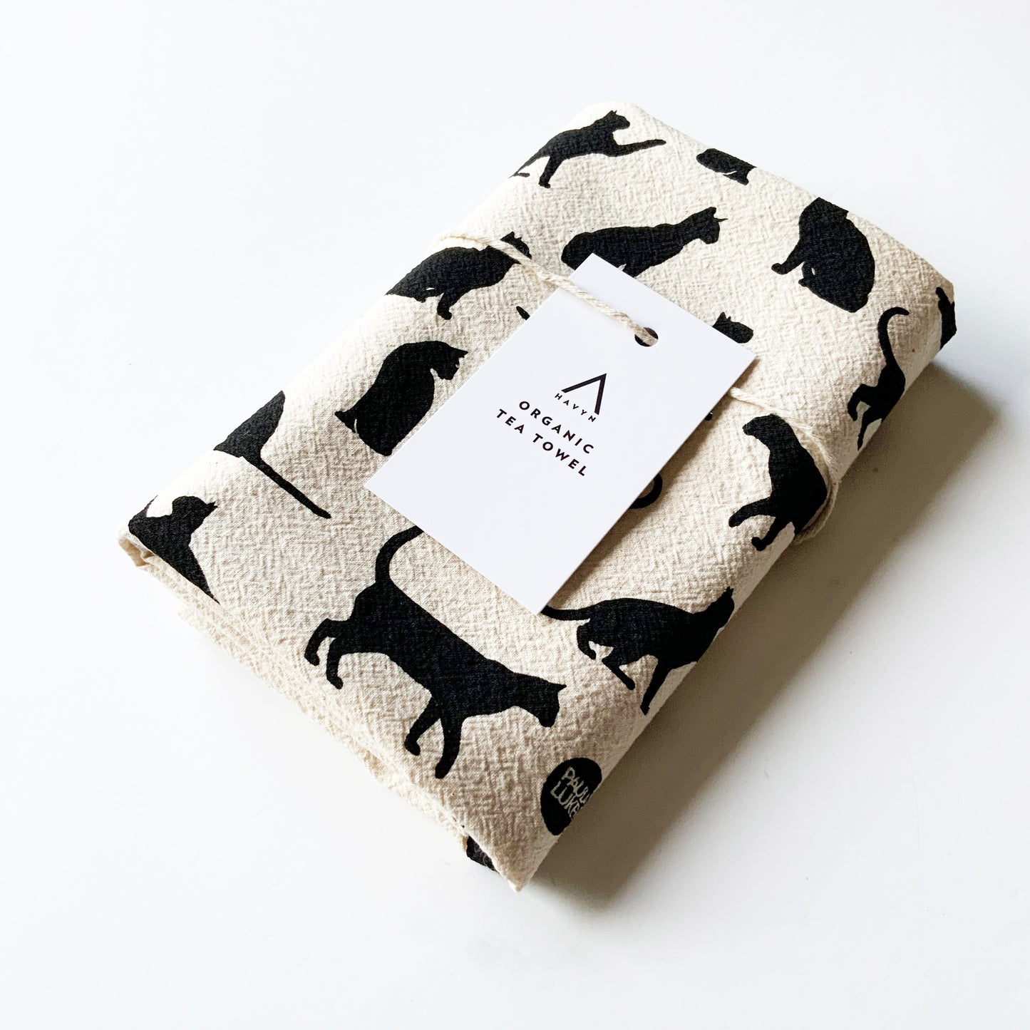 Cats Hand Printed Organic Tea Towel - Black