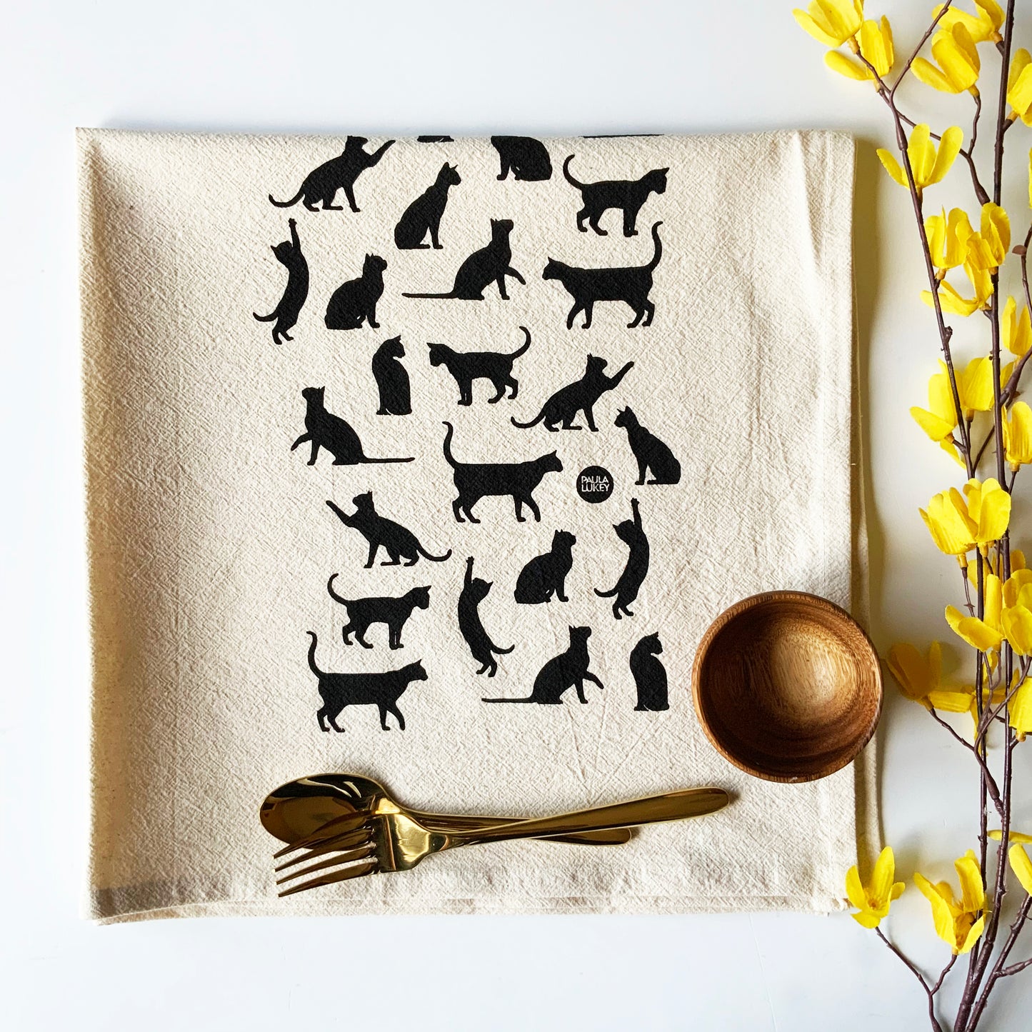 Cats Hand Printed Organic Tea Towel - Black