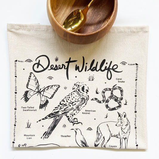 Desert Wildlife Hand Printed Organic Tea Towel - Black