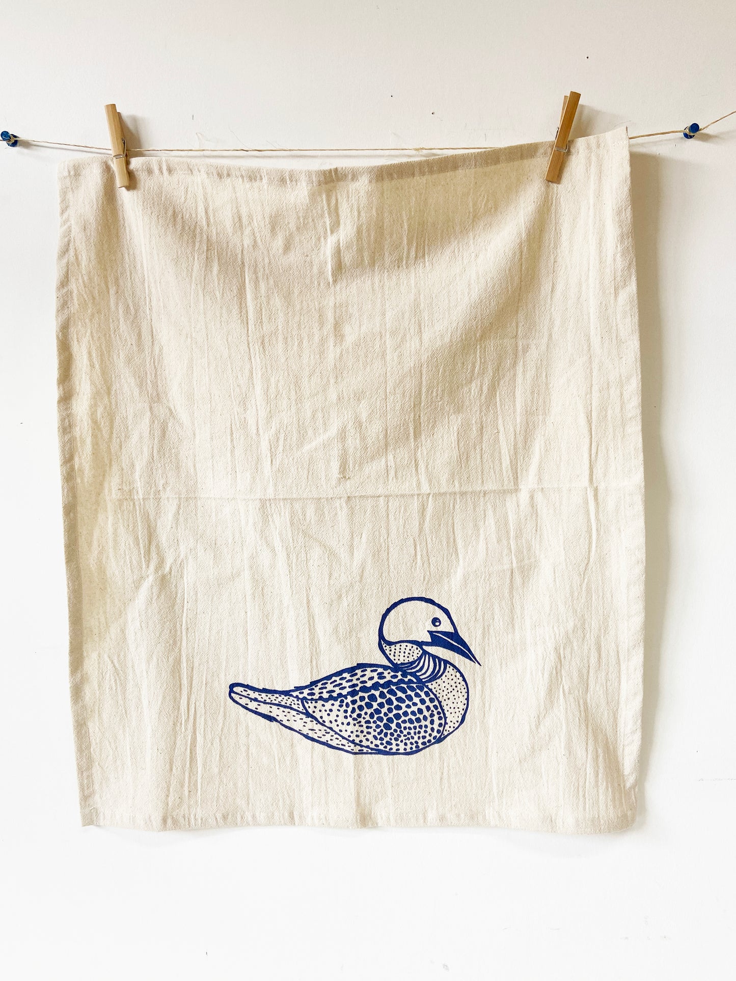 Loon Duck Hand Printed Organic Tea Towel - Blue