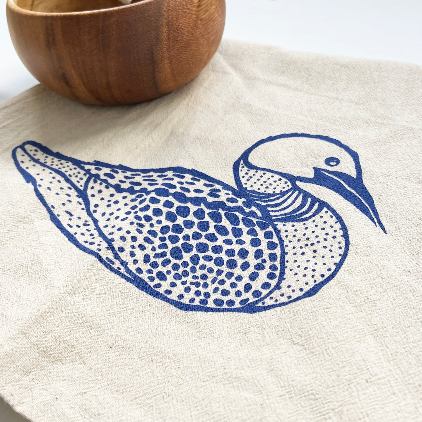 Loon Duck Hand Printed Organic Tea Towel - Blue