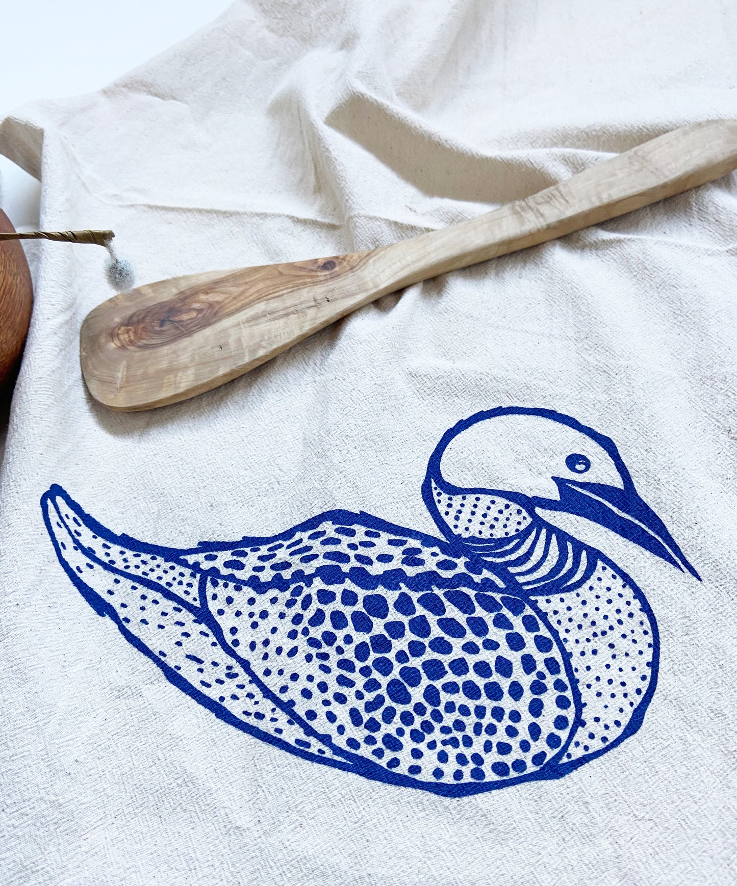 Loon Duck Hand Printed Organic Tea Towel - Blue