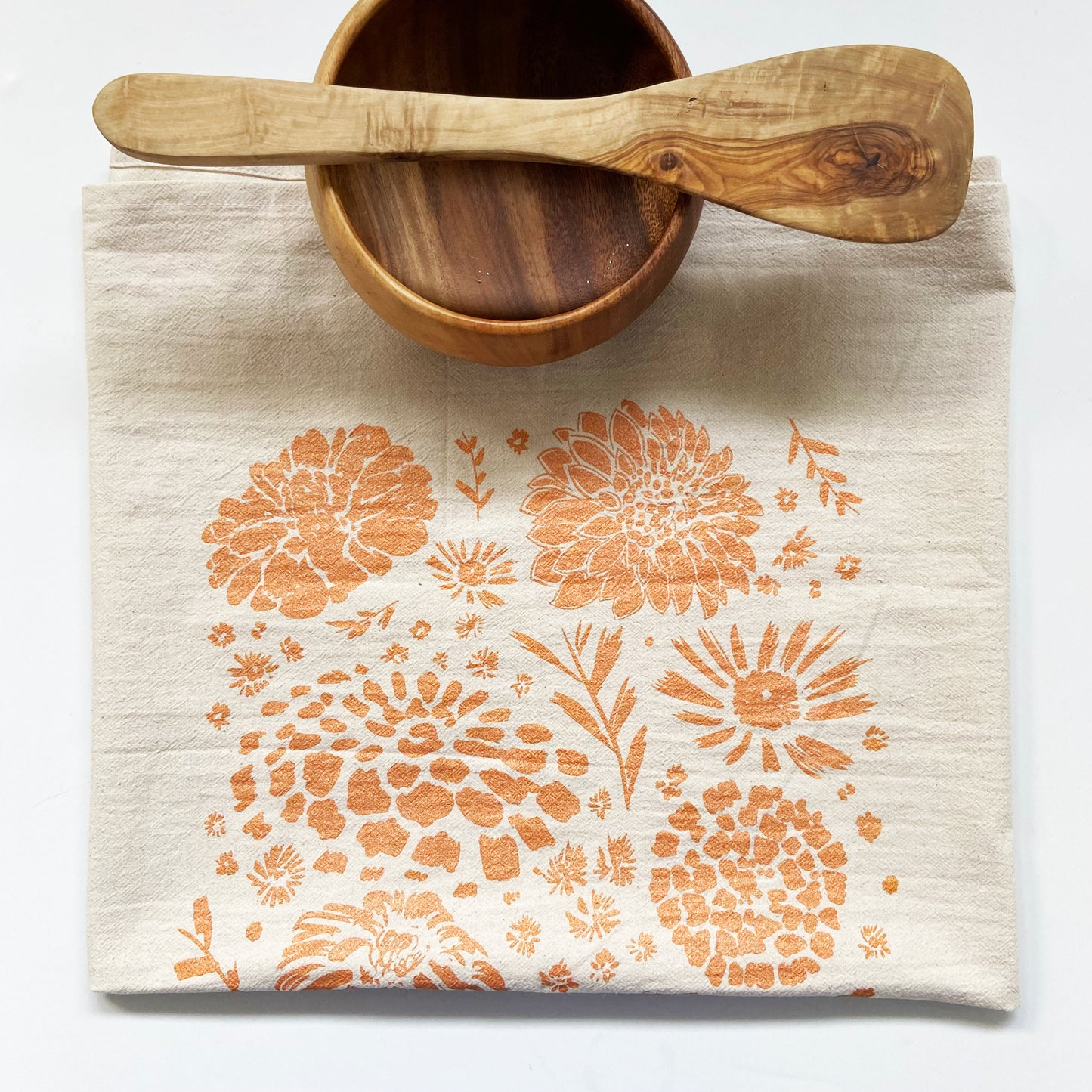 Mellow Marigold Flowers Orange Hand Printed Organic Tea Towel