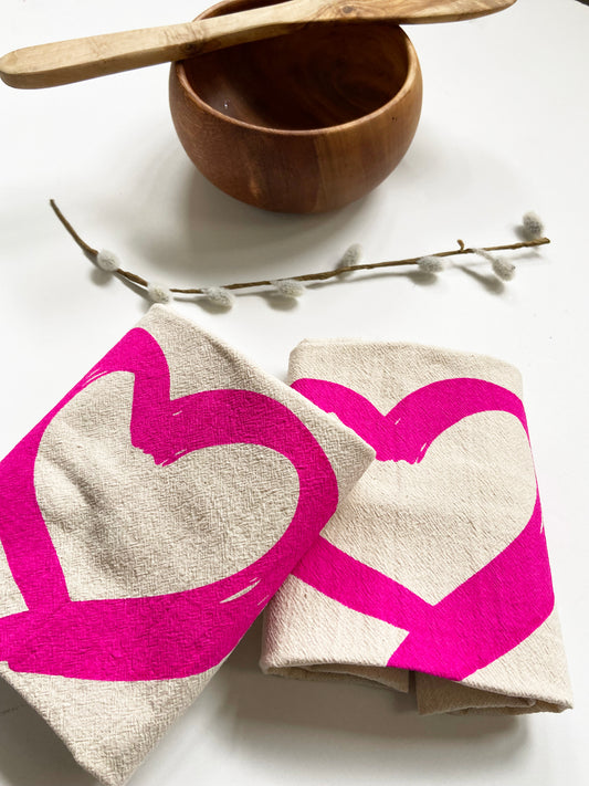 Hot Pink Heart Love Hand Printed Organic Tea Towel