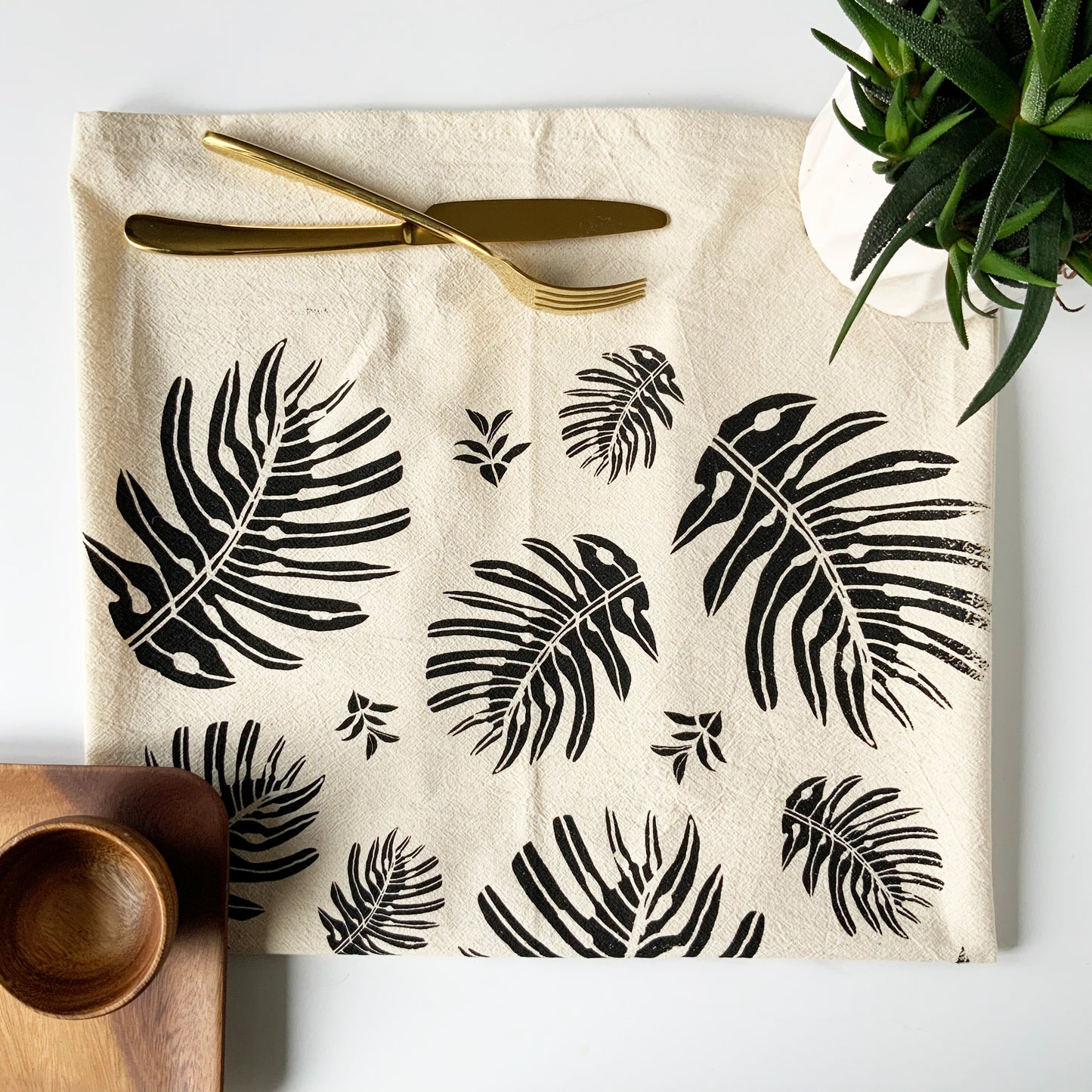 Monstera Leaf Hand Printed Organic Tea Towel - Black