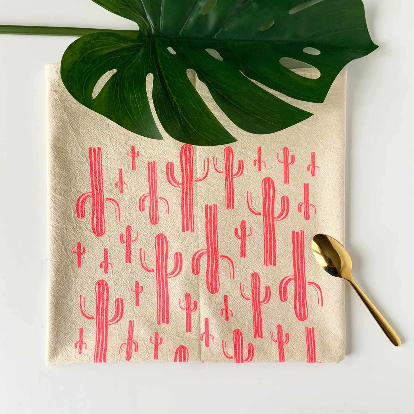 Pink Saguaros Cactus Hand Printed Organic Tea Towel