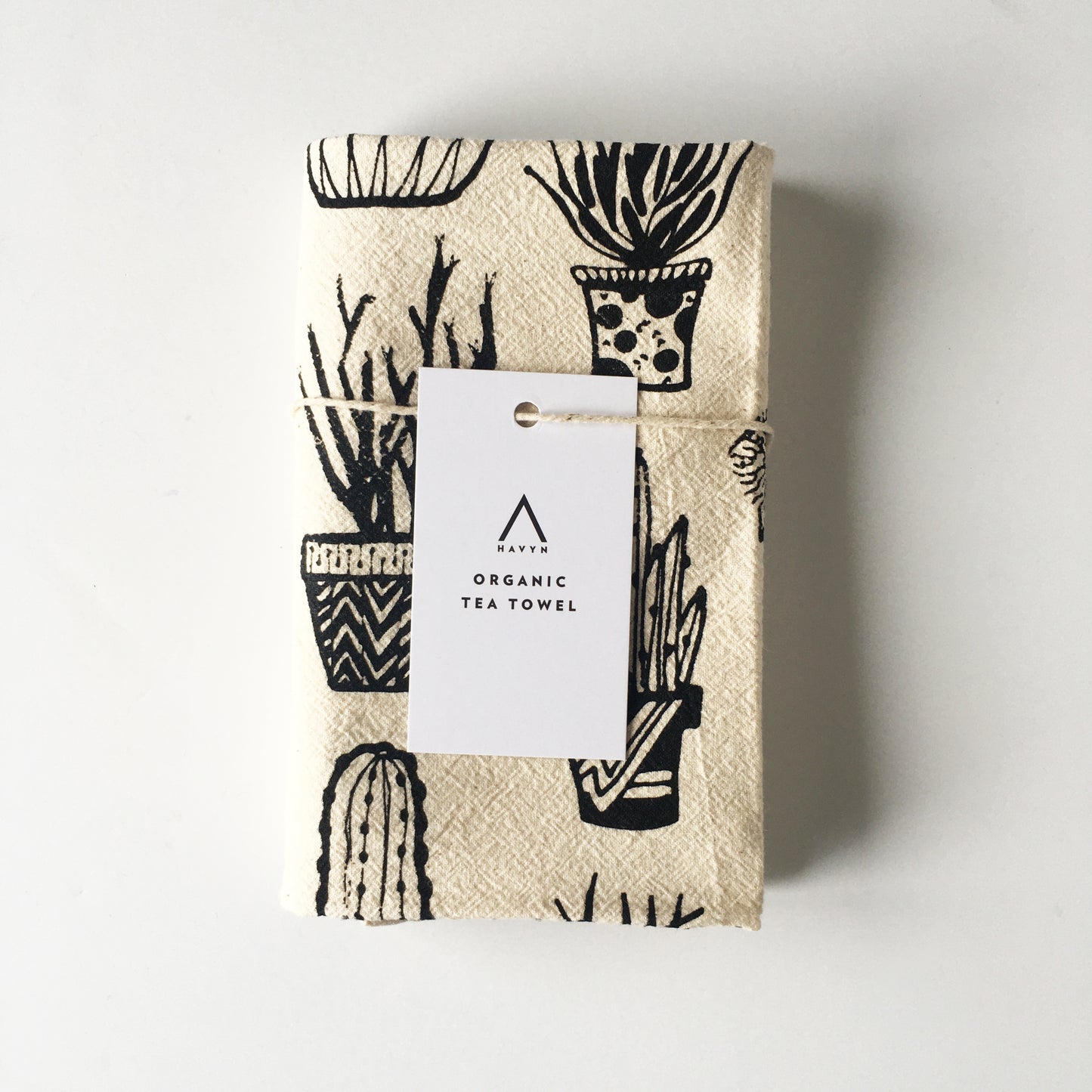 Succulents Hand Printed Organic Tea Towel - Black or Green