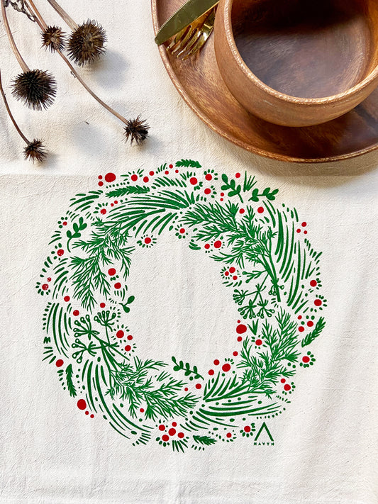 Holiday Wreath Christmas Hand Printed Organic Tea Towel