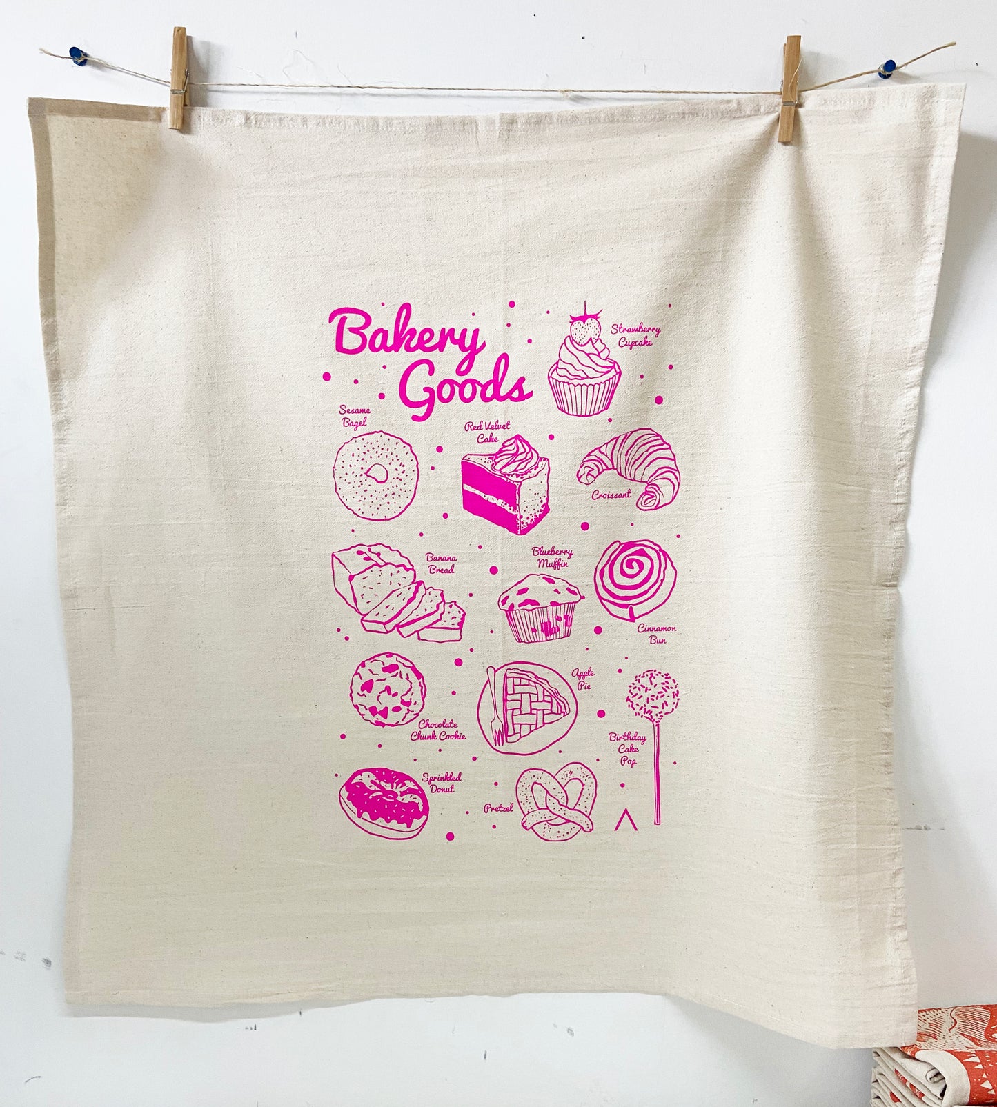 Bakery Goods Hand Printed  Organic Tea Towel - Hot Pink