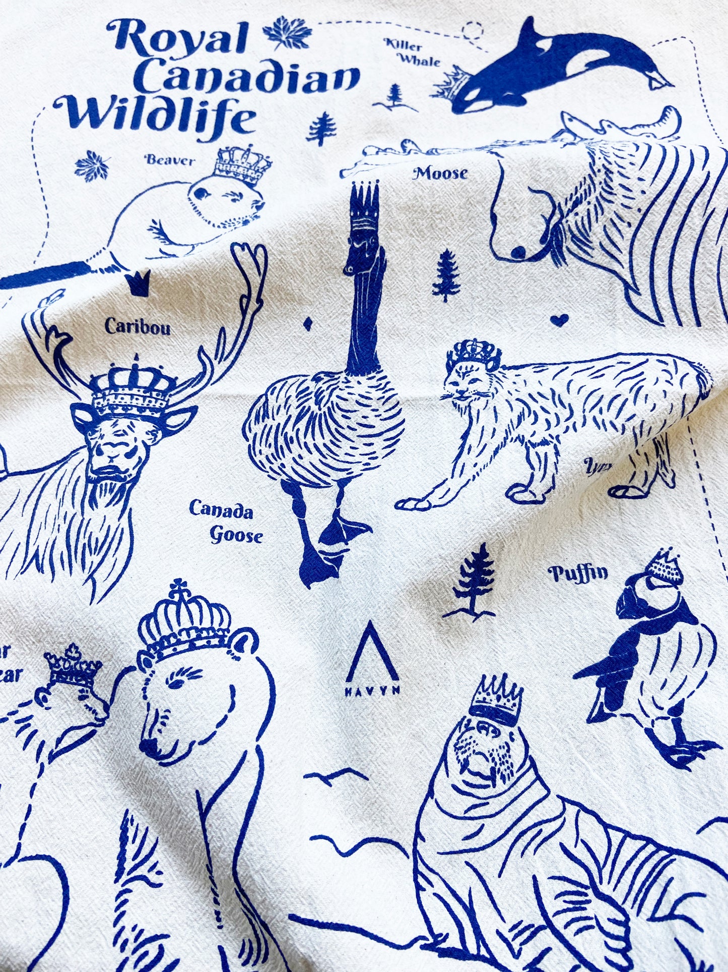 Royal Canadian Wildlife Hand Printed Organic Tea Towel - Blue or Black