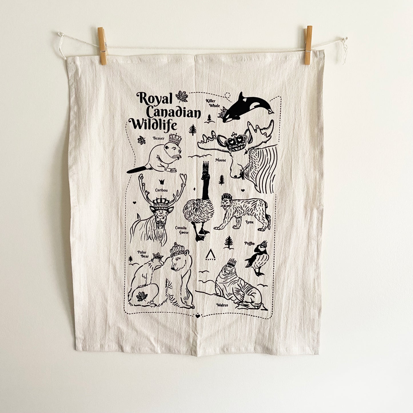 Royal Canadian Wildlife Hand Printed Organic Tea Towel - Blue or Black