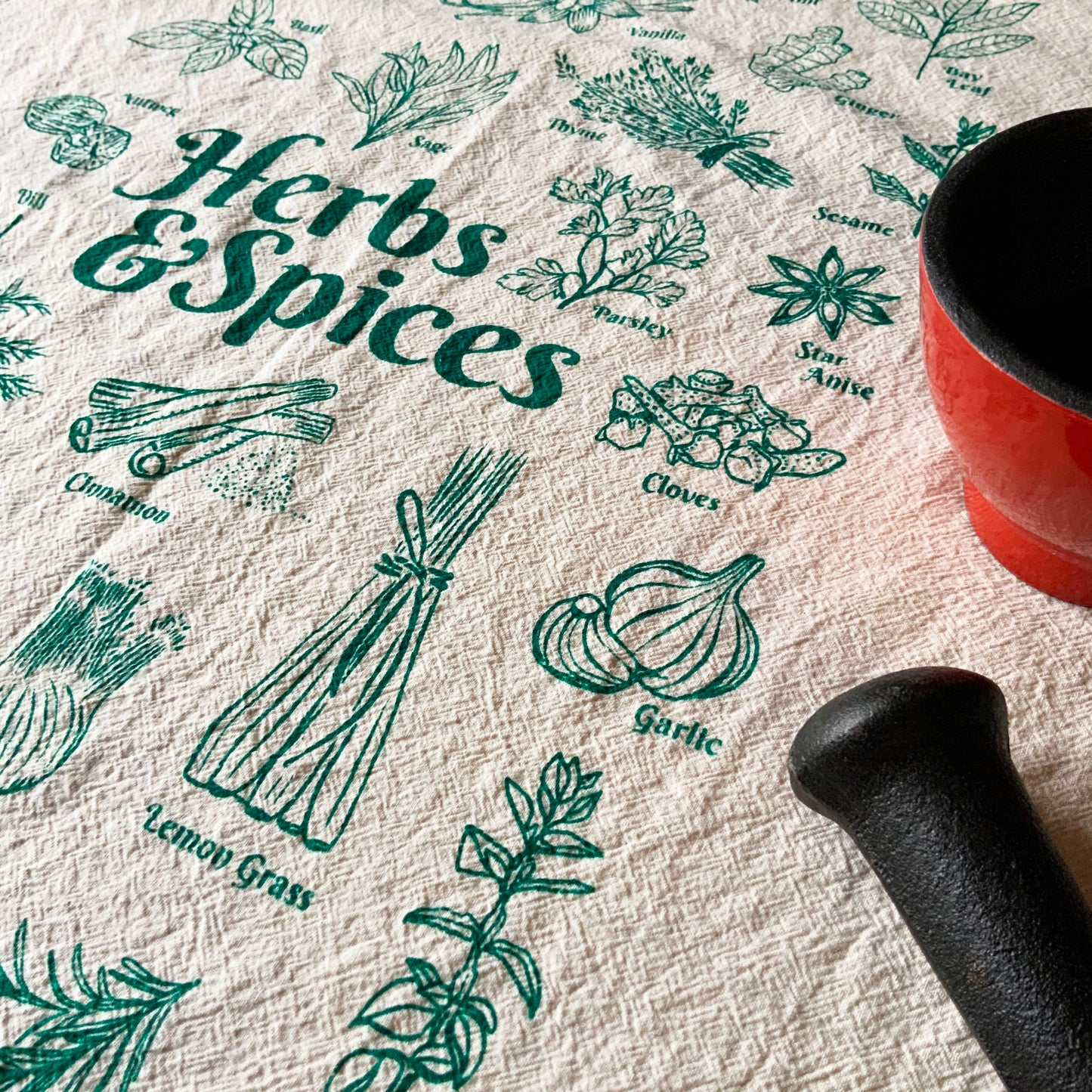 Herbs and Spices Hand Printed Organic Tea Towel