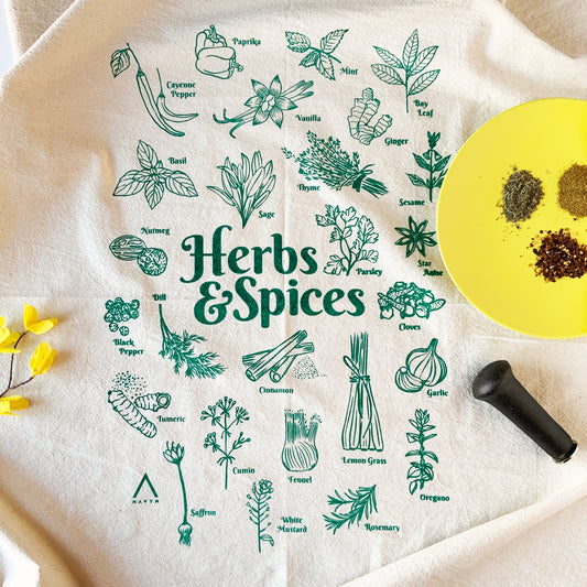 Herbs and Spices Hand Printed Organic Tea Towel