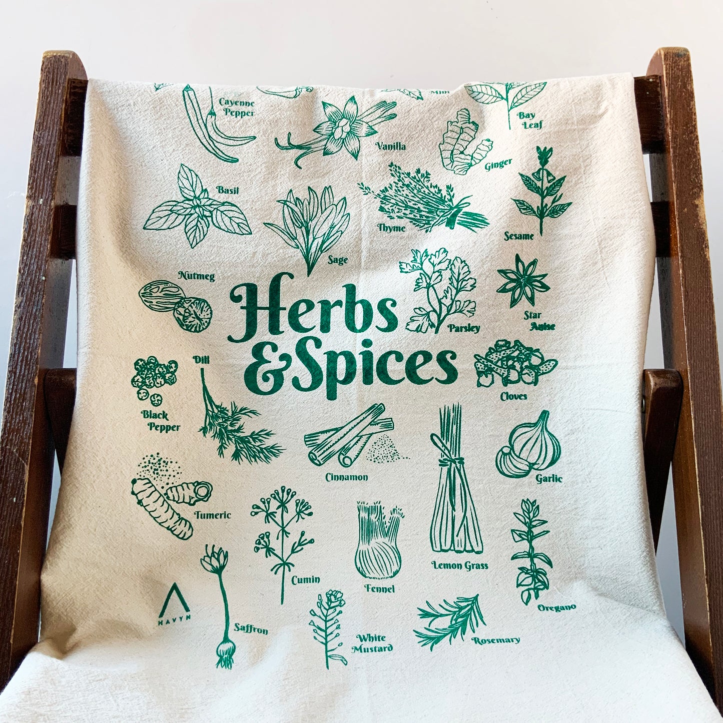 Herbs and Spices Hand Printed Organic Tea Towel