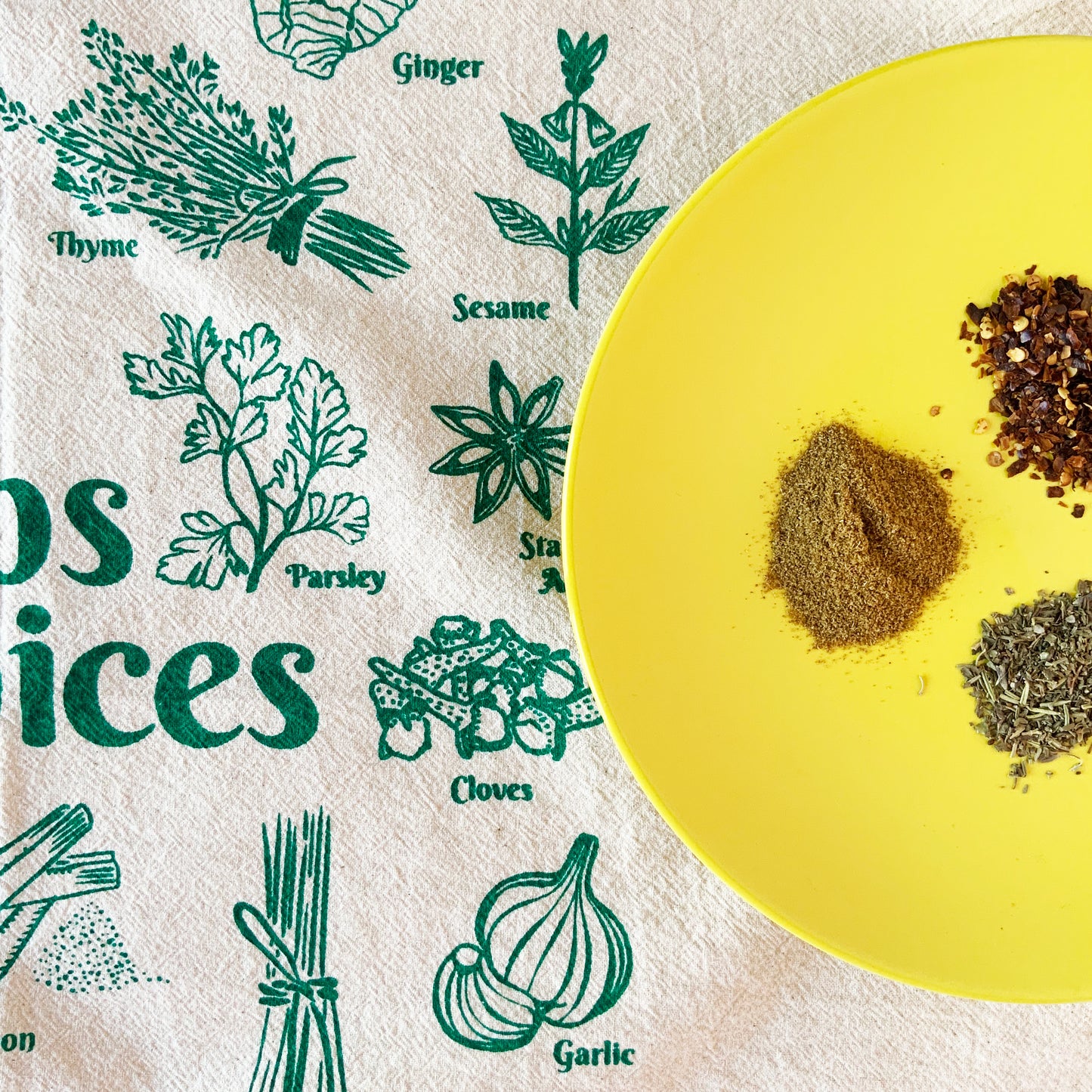 Herbs and Spices Hand Printed Organic Tea Towel