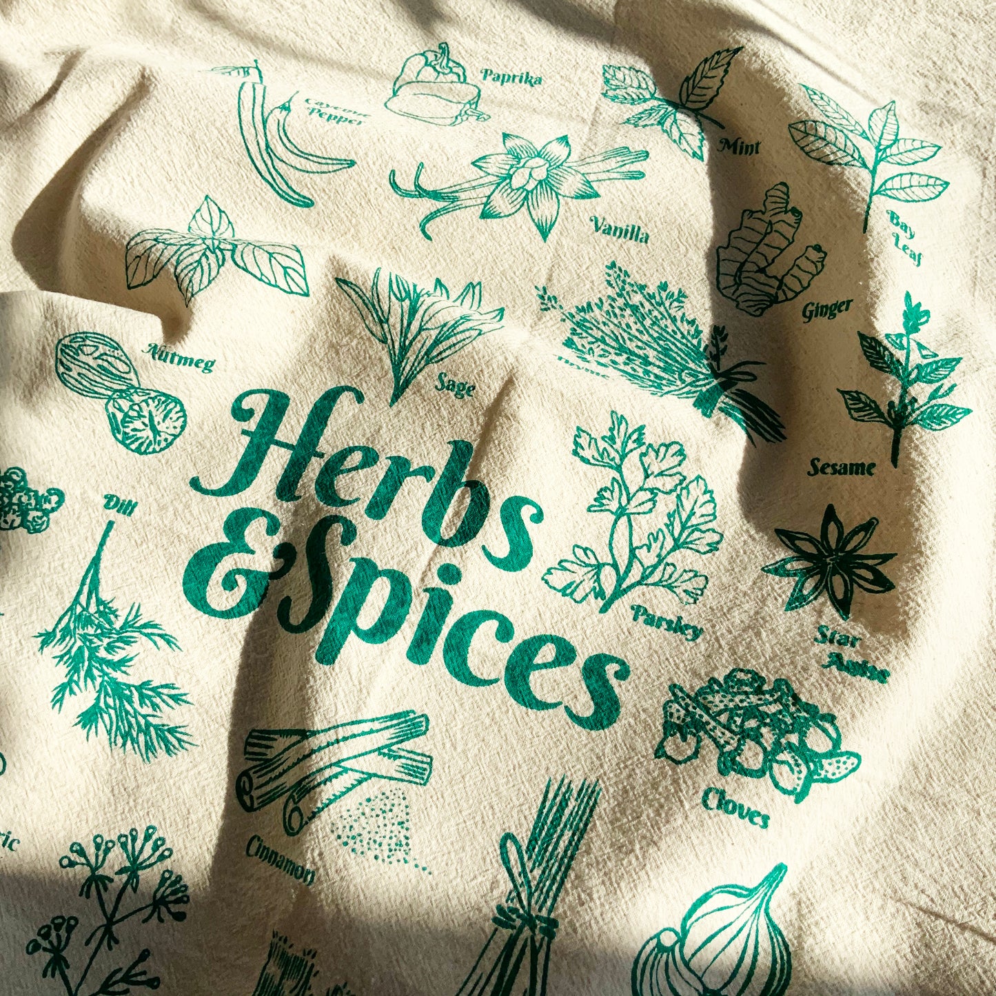 Herbs and Spices Hand Printed Organic Tea Towel