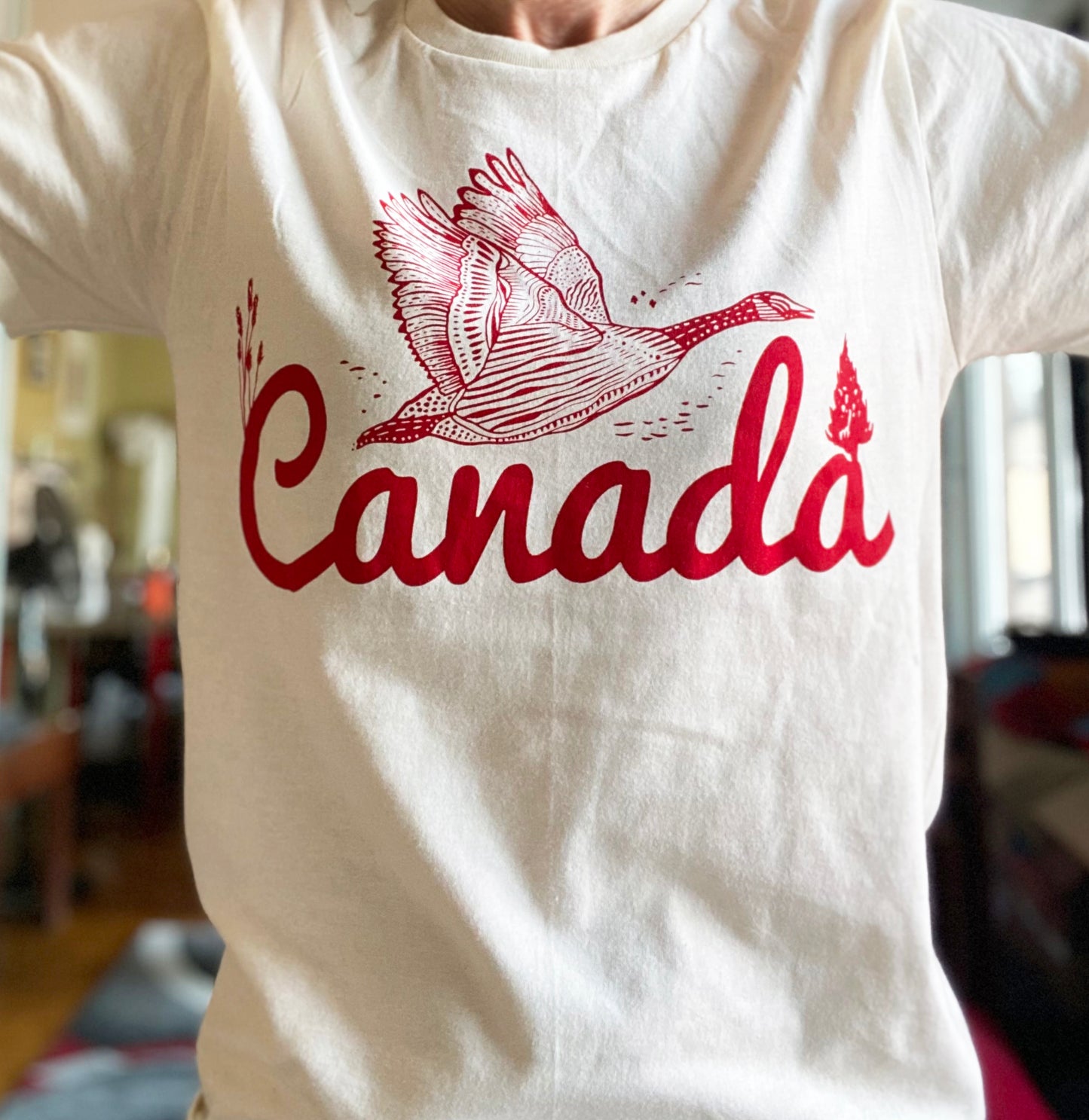 Canada Hand Printed Tee on Cream , Black or Grey - UNISEX S,M,L and XL MEN