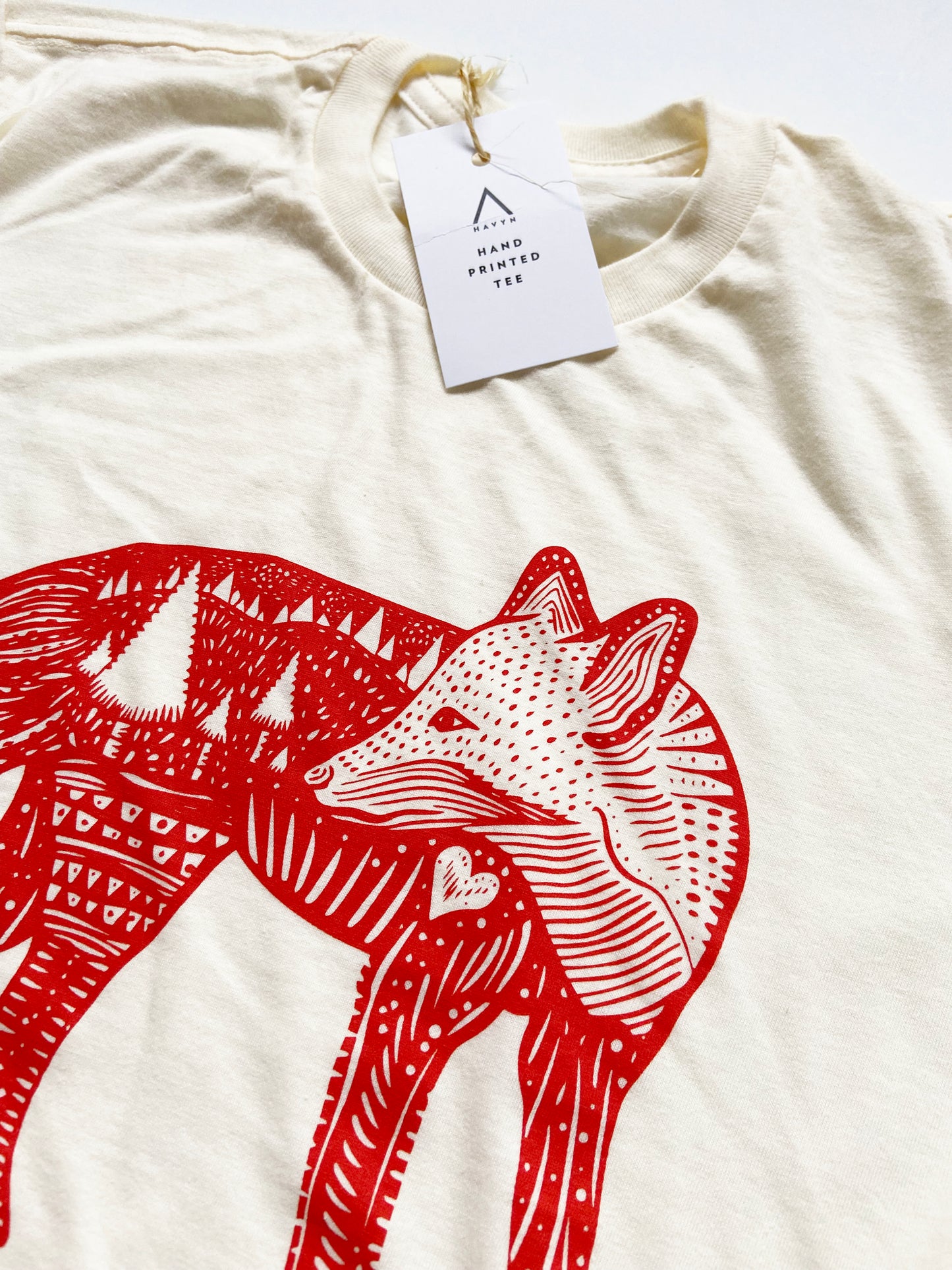 Fox Hand Printed Orange on Cream Cotton Tee - XS ONLY