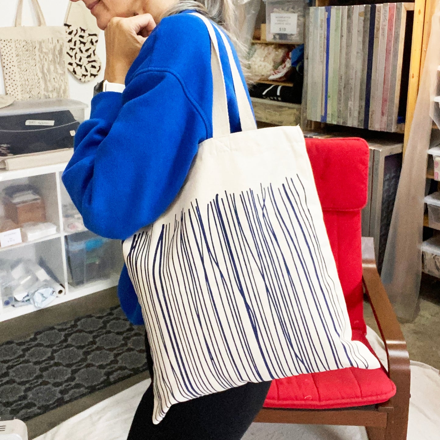 Stripes Hand Printed Every Day Cotton Tote - Blue or Red