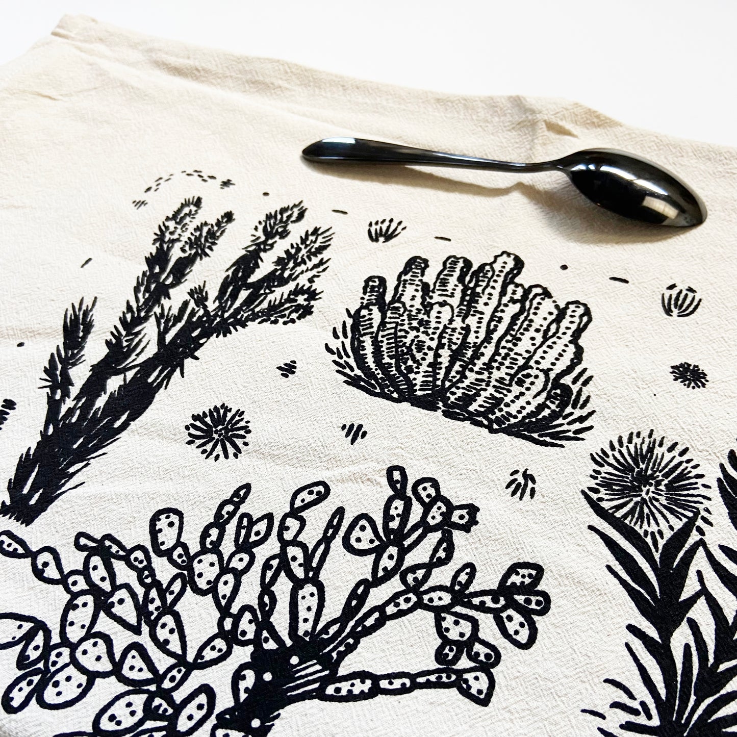 Cactus Variations Hand Printed Organic Tea Towel - Black or Green