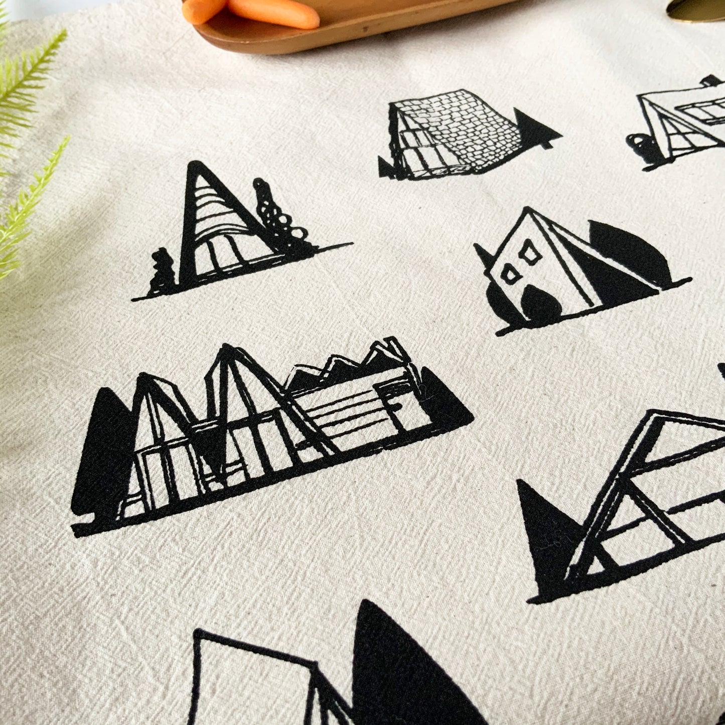 A-Frame Cottages Hand Printed Organic Tea Towel