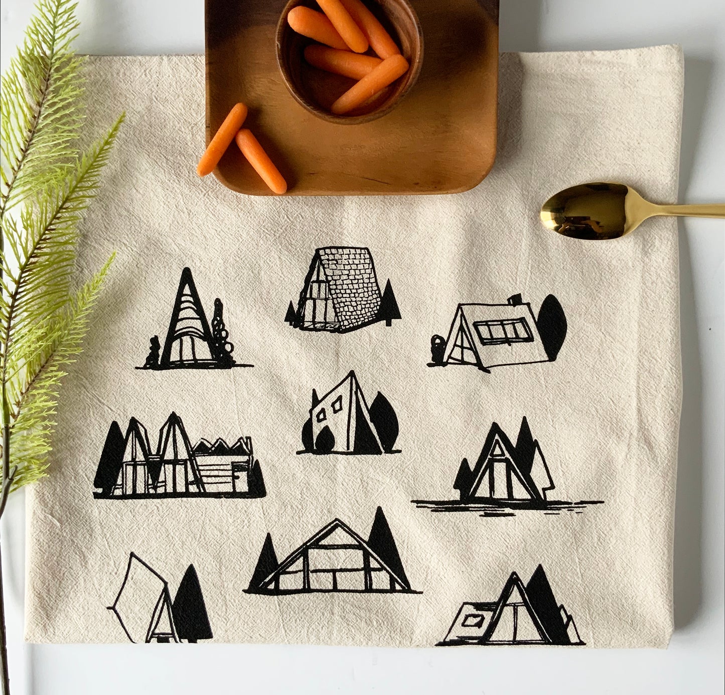 A-Frame Cottages Hand Printed Organic Tea Towel